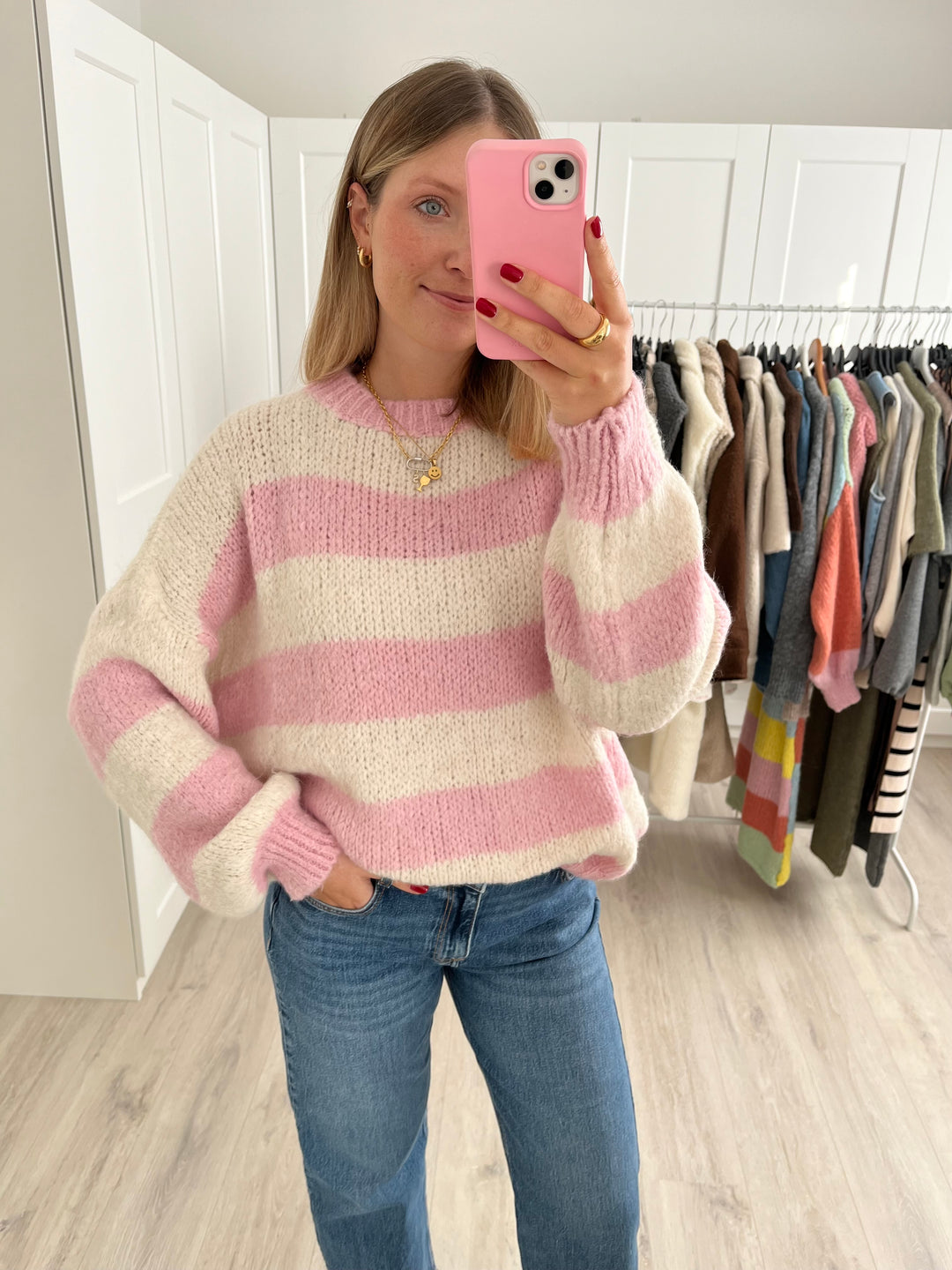 Pullover All Over Knit - Cremeweiß/Rosa