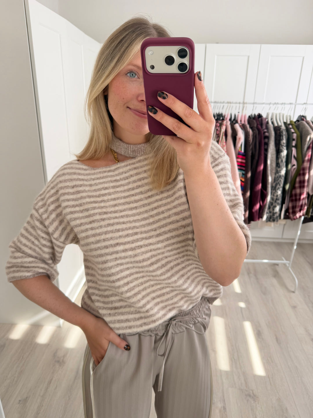 Cutout Striped Pullover