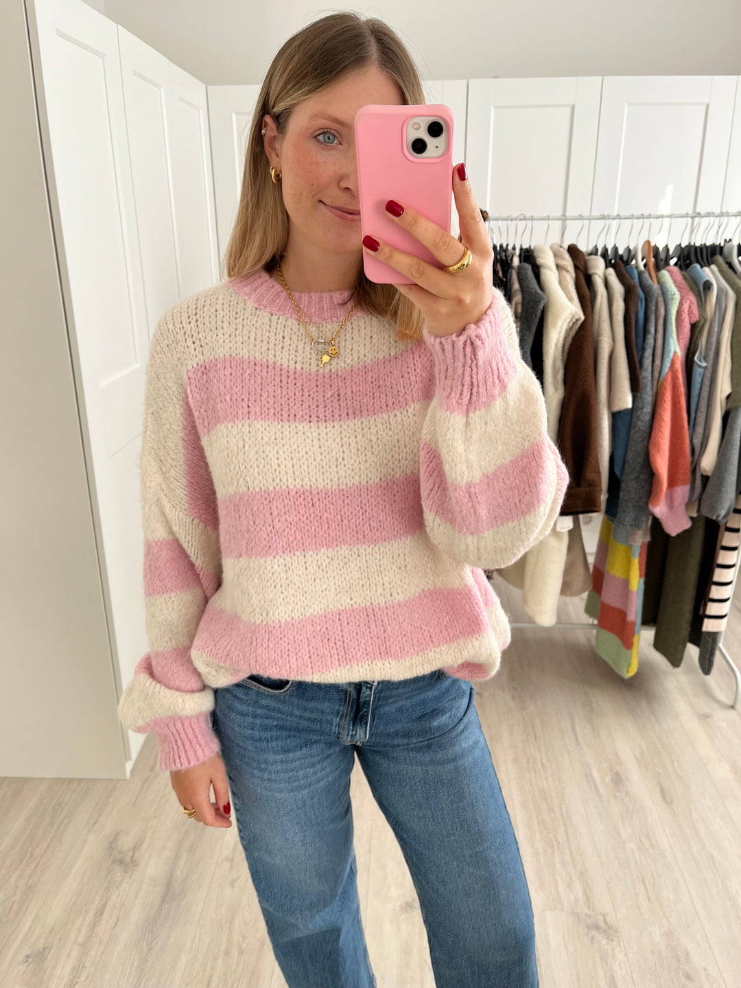 Pullover All Over Knit - Cremeweiß/Rosa