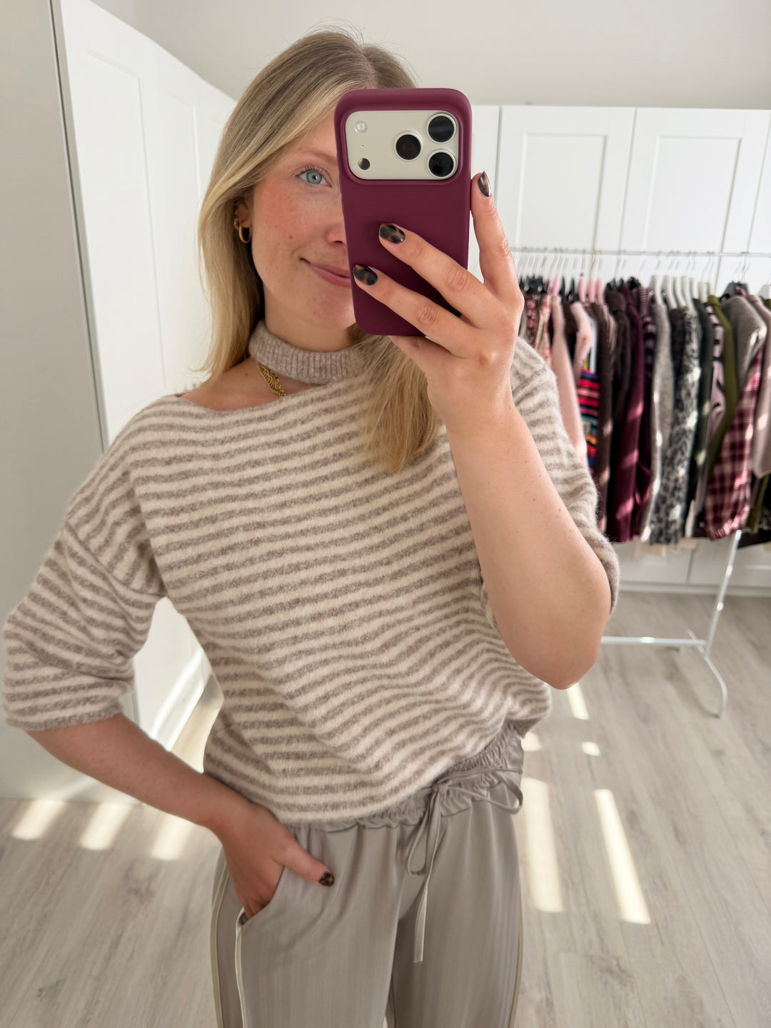 Cutout Striped Pullover